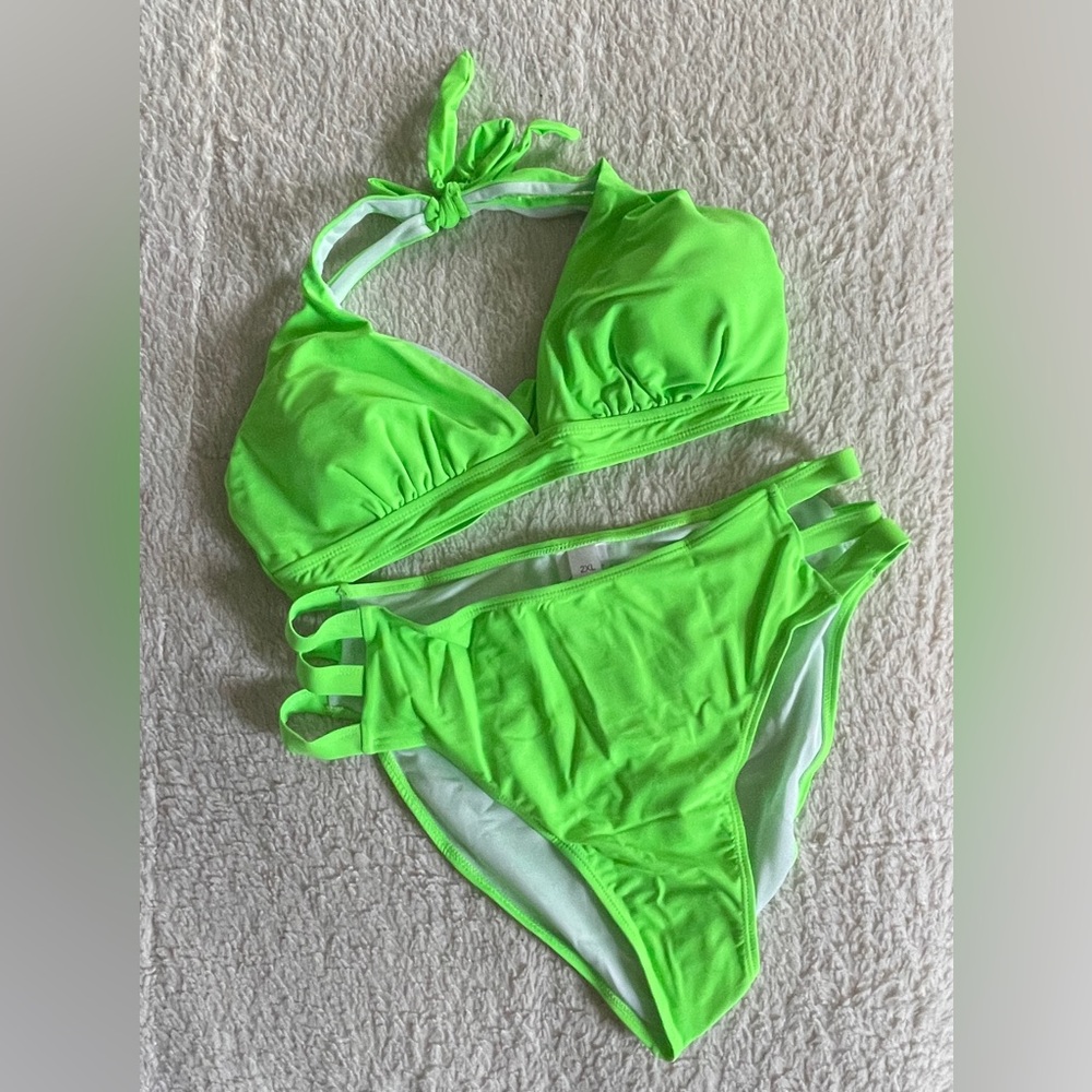 Neon Green Bikini Set NEW- halter top, cutout high waisted bottom, various sizes